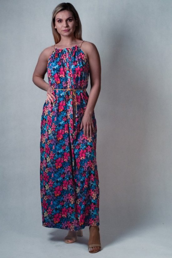 Maxi šaty s páskem - modrorůžové květy - Velikost: univerzální